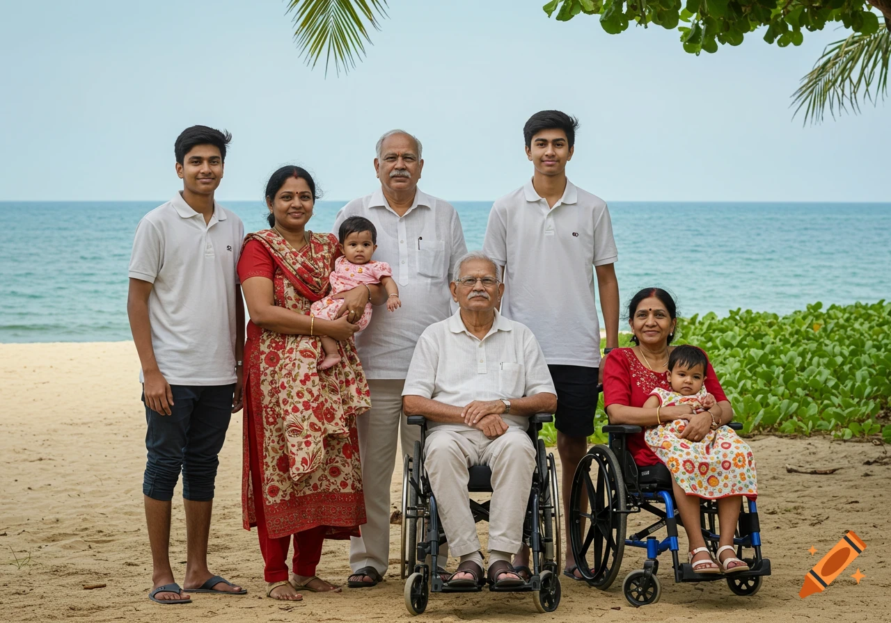 A large Indian family, including grandparents and two babies, poses for a portrait on a sandy beach with the ocean in the background. Two family members are in wheelchairs.