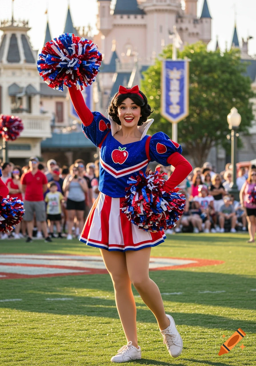 A performer dressed as Snow White in a red, white, and blue cheerleader uniform, holding pom-poms on a field at Walt Disney World.