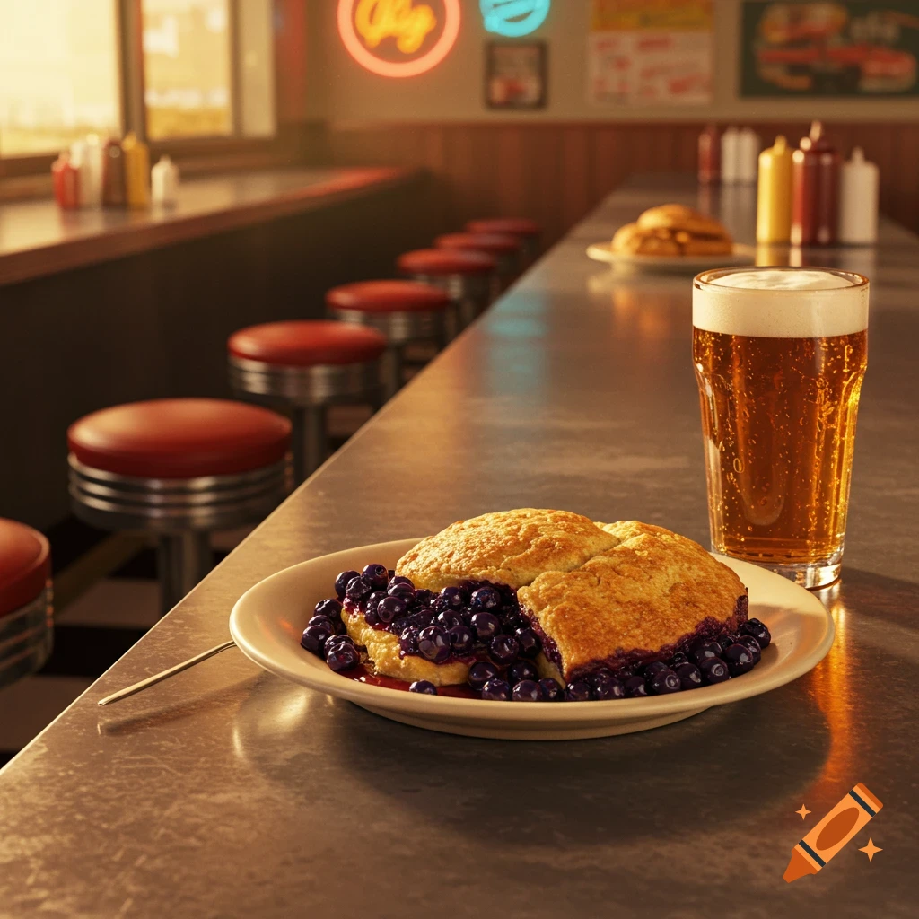 Photorealistic image of a blueberry cobbler with a glass of beer on a diner counter. Red bar stools line the background.