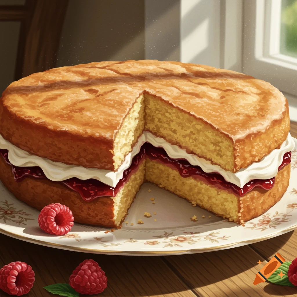 An illustrated Victoria sponge cake with a slice removed, showing cream and jam. Raspberries on a floral plate on a wooden table.