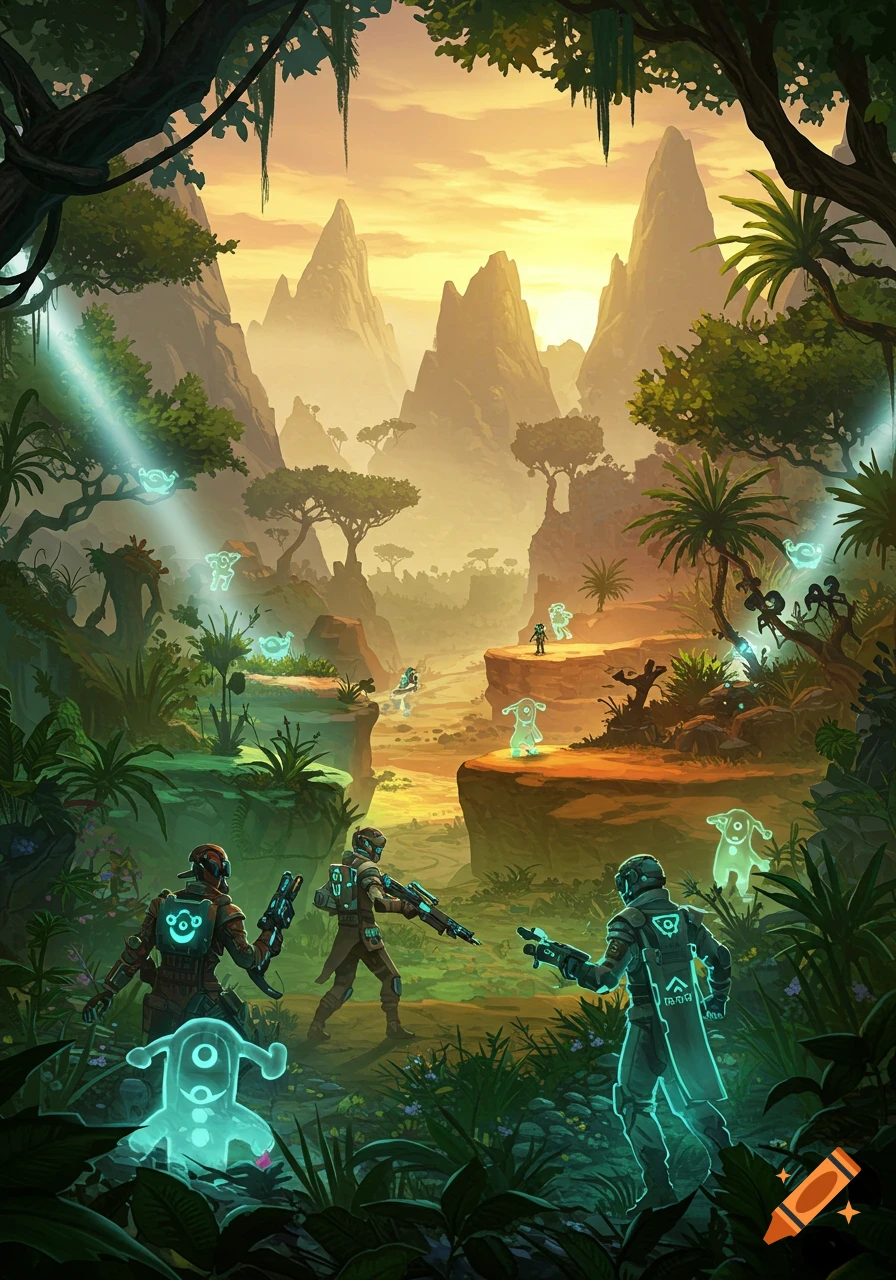 Sci-fi explorers in a vibrant, glowing jungle canyon with mystical creatures under a sunset sky.