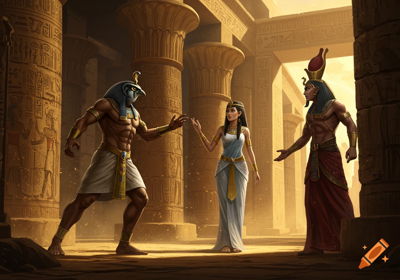 Horus, Isis, and another Egyptian god in a richly decorated ancient temple with hieroglyphs on columns, bathed in golden light.