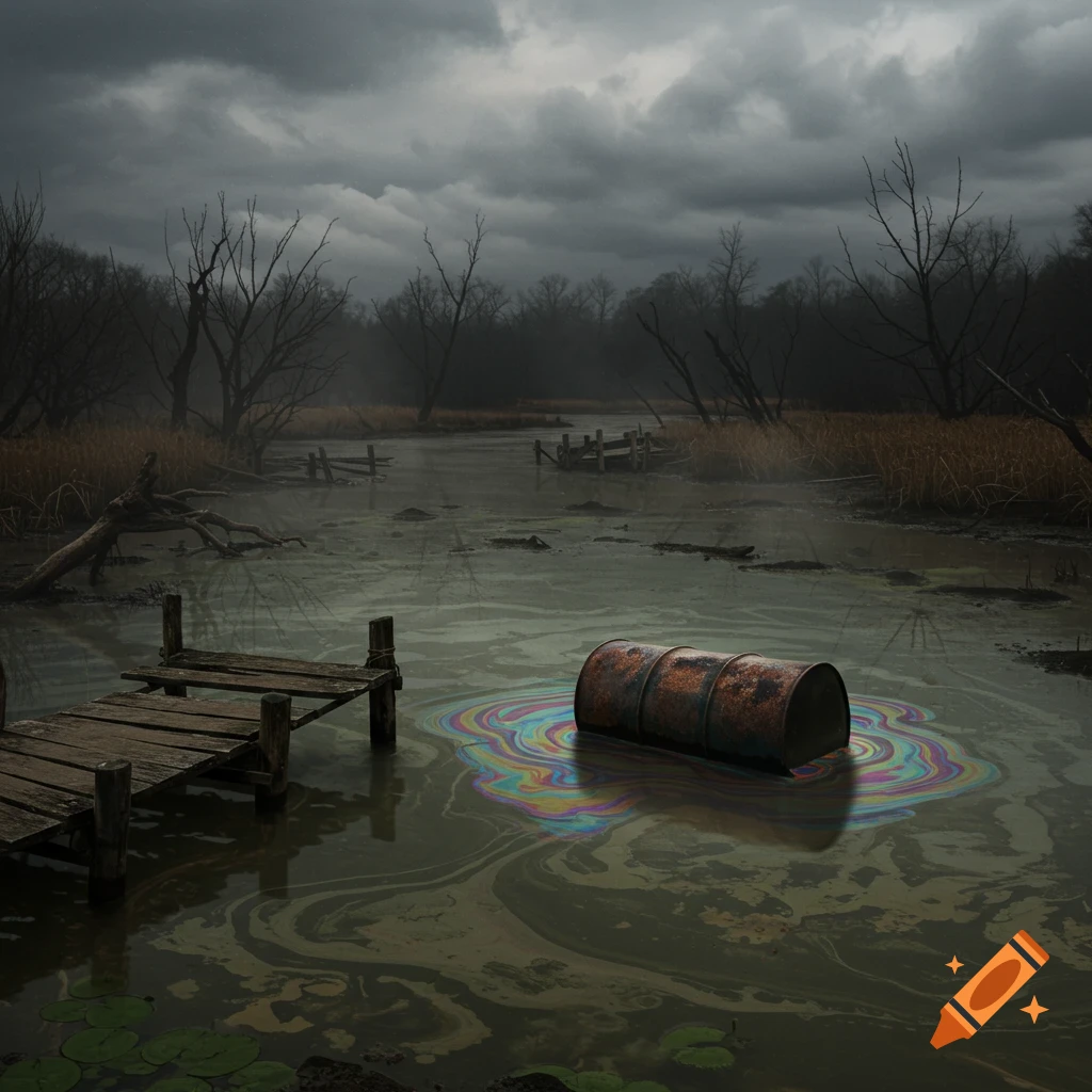A rusty oil barrel leaks a rainbow slick into dark swamp water beside an old dock under a cloudy sky.