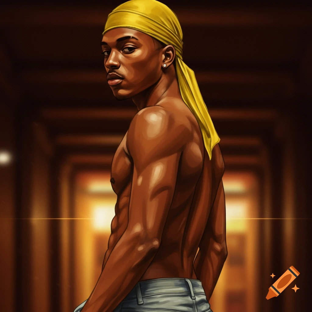 A muscular young Black man in a yellow durag and jeans looks over his shoulder, rendered in a realistic anime art style.