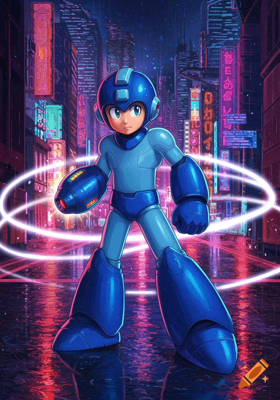 Mega Man stands in a vibrant, neon-lit cyberpunk city at night with glowing energy rings around him.