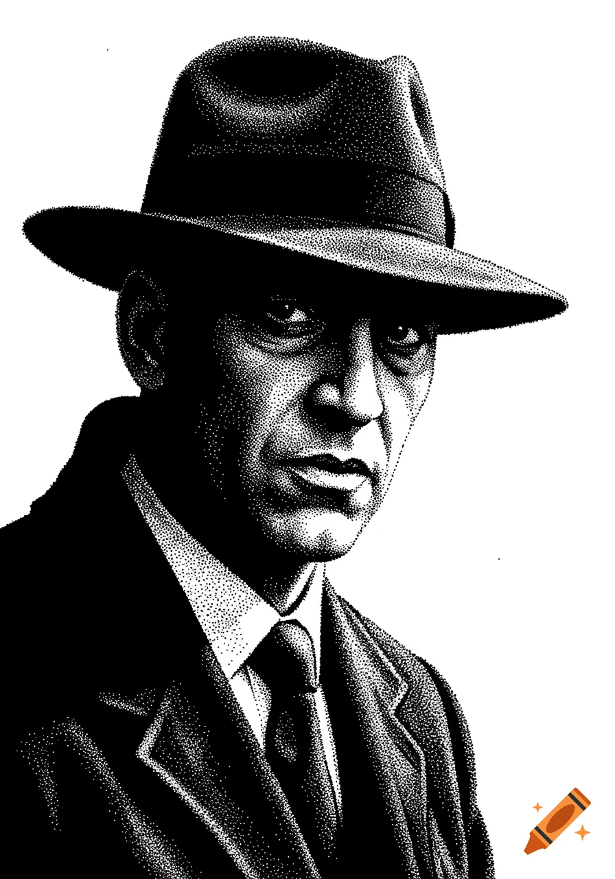 A black and white stippled portrait of a serious man in a fedora and suit, looking forward.