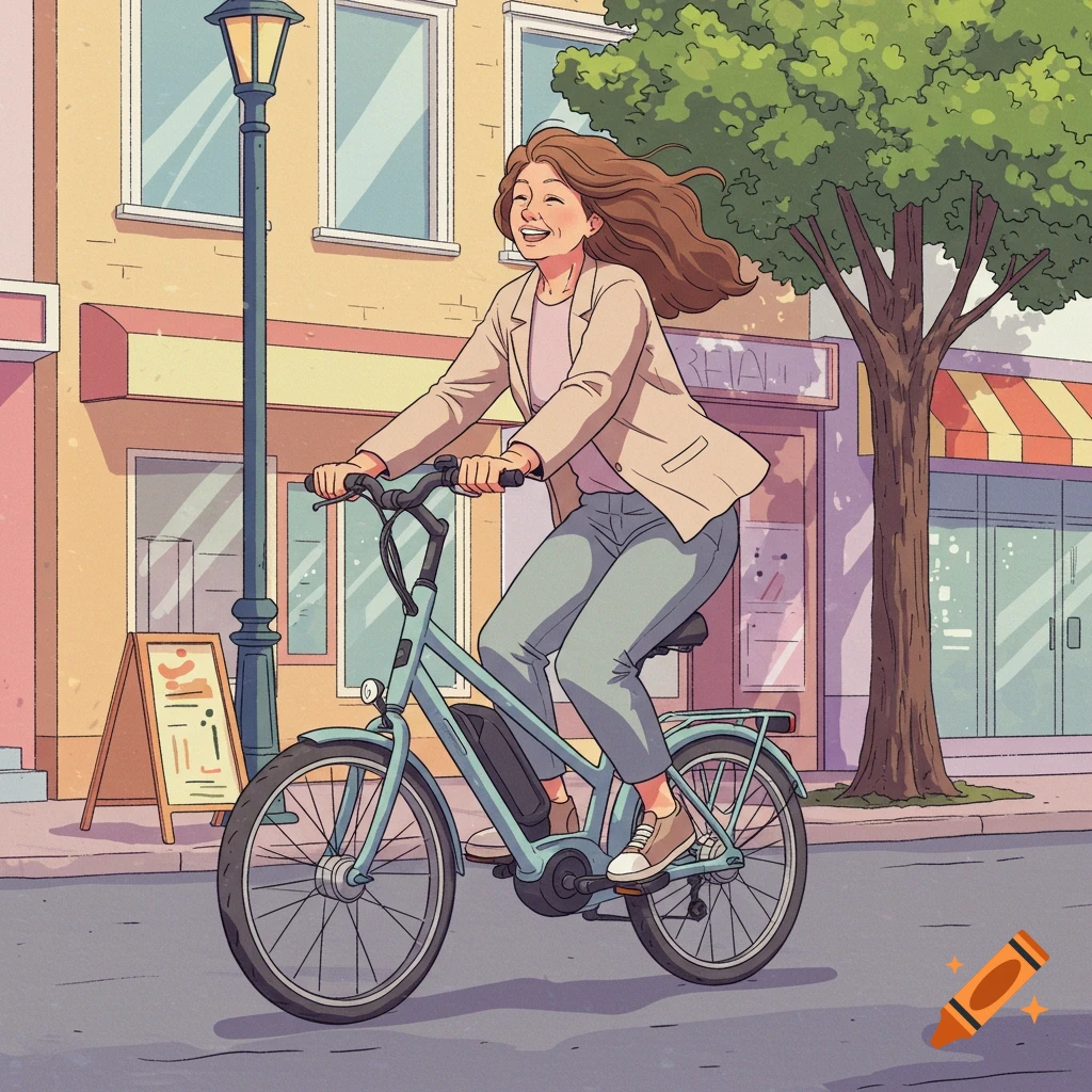 A smiling woman with light brown hair rides a blue e-bike down a city street in a cartoon style.