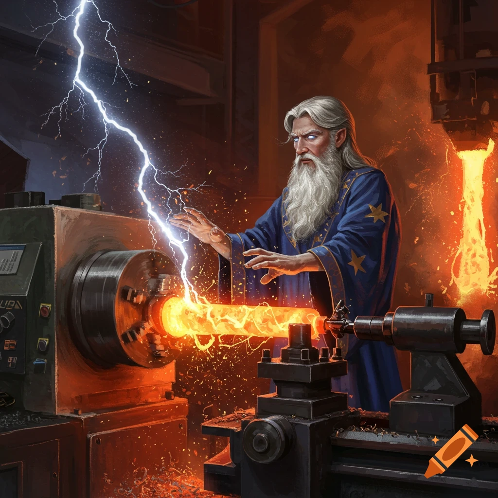 A white-bearded wizard in a blue robe casting lightning onto a glowing metal rod on a CNC lathe in a dark, fiery workshop.