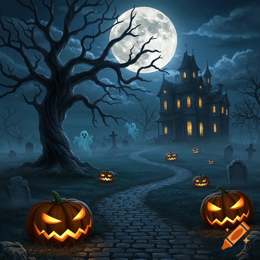 A spooky Halloween night illustration with a haunted house, large bare tree, full moon, glowing jack-o'-lanterns, and ghosts in a misty graveyard.