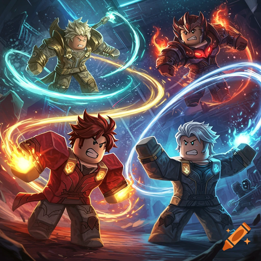 Four Roblox-style characters in anime-inspired fantasy outfits battle amidst energy auras and a destroyed landscape.