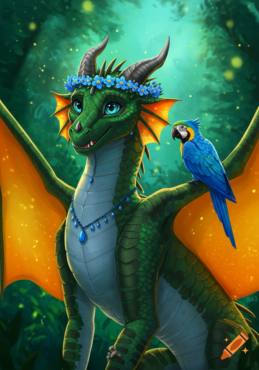 A stylized green dragon with blue eyes and a flower crown smiles, with a blue and gold parrot perched on its wing in a lush forest.