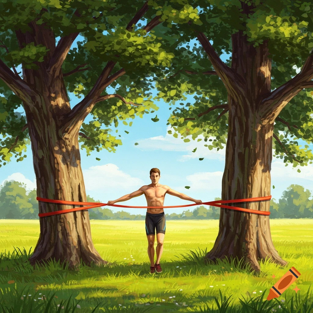 A man holds a red elastic band stretched taut between two large trees in a sunny, grassy field.