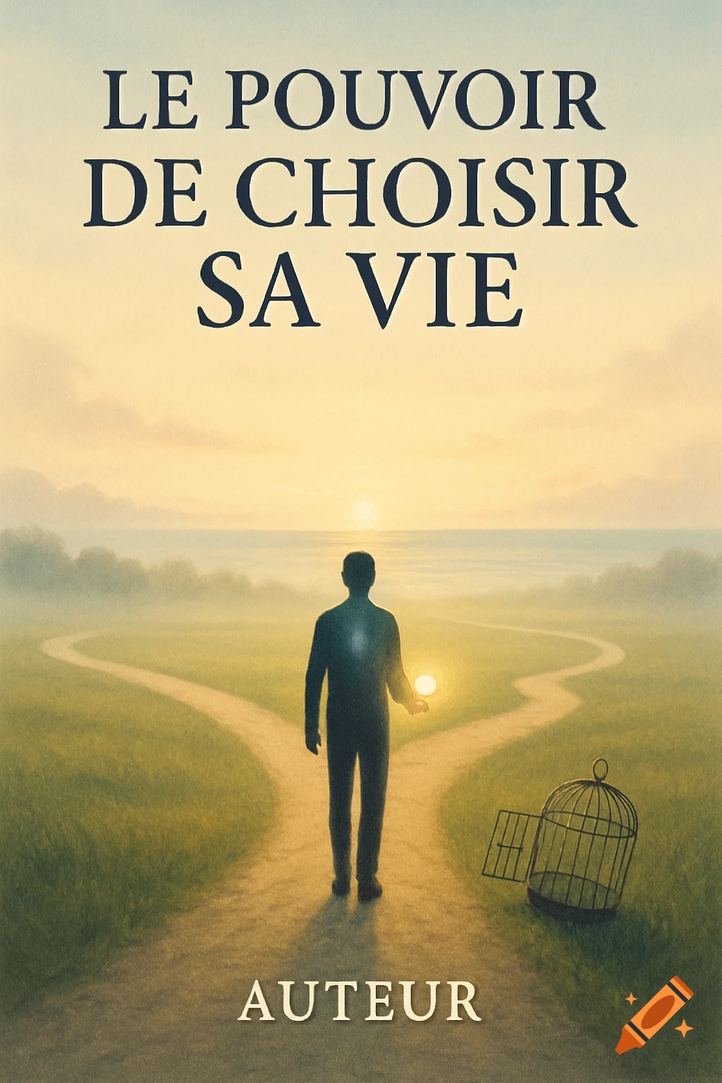 Book cover with a person at a crossroads, sunrise, open cage, and text 'LE POUVOIR DE CHOISIR SA VIE AUTEUR'.