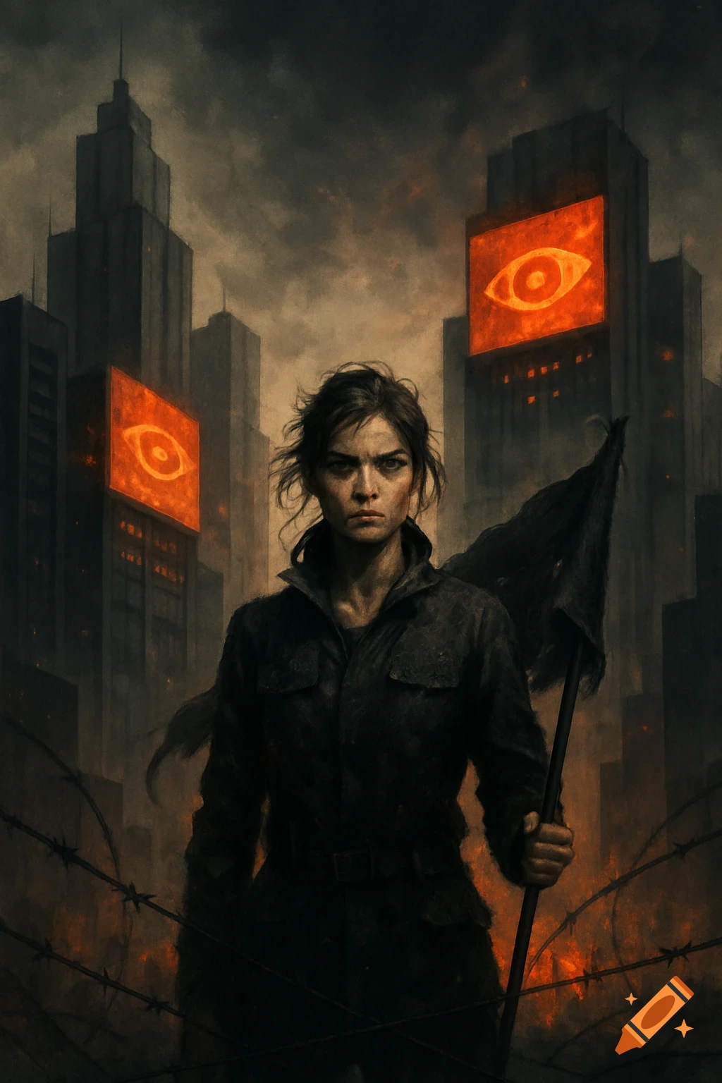 A stern woman in a dark uniform holds a tattered flag amidst a ruined dystopian city with glowing eye symbols on buildings.