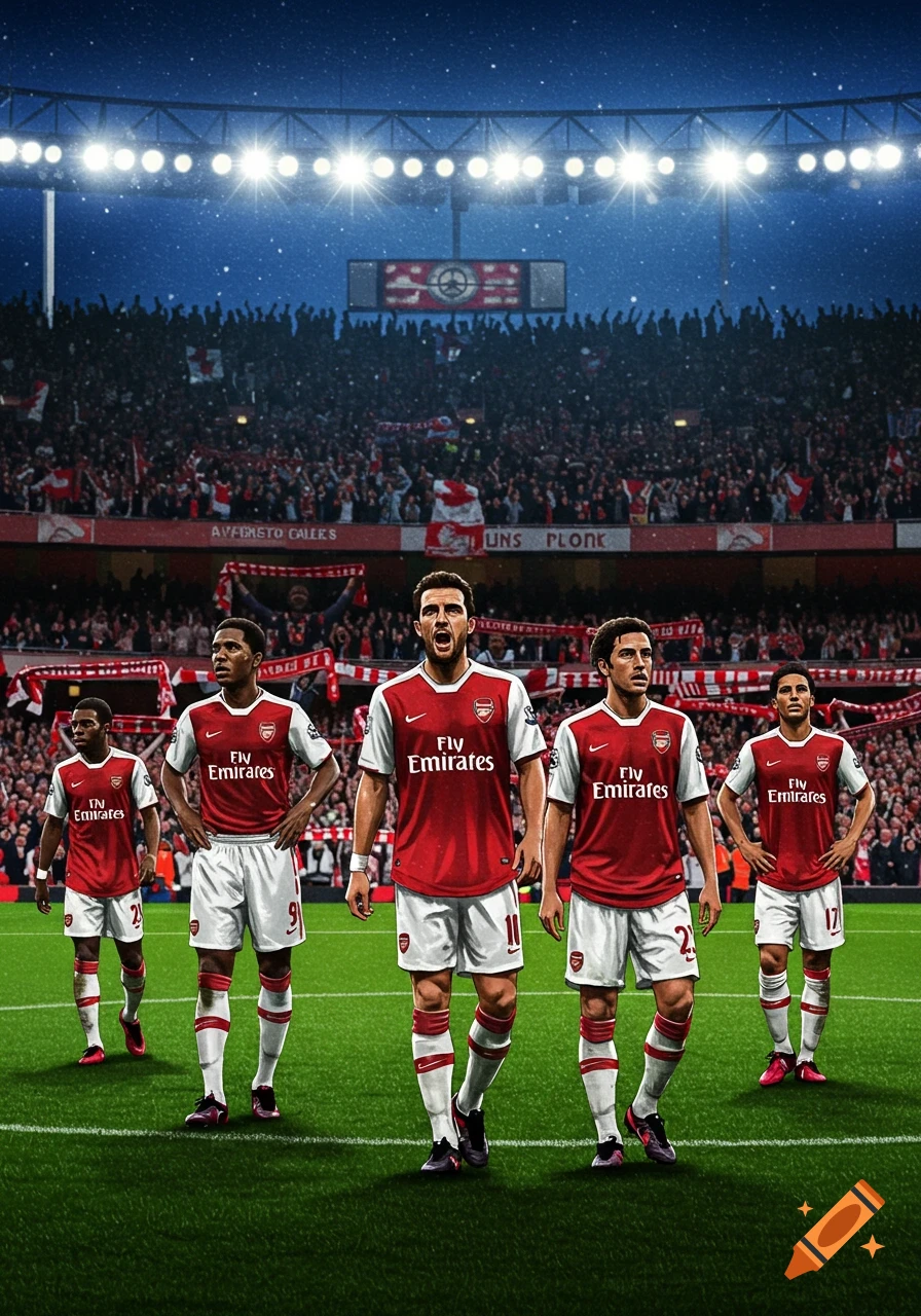 Five soccer players in red and white jerseys stand on a green field in a stadium full of cheering fans under bright lights at night.