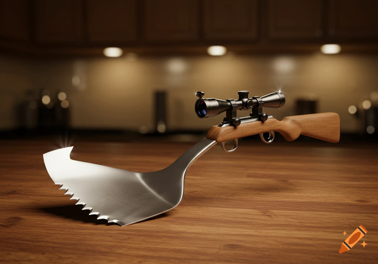A spatula with a serrated edge and a rifle scope mounted to its handle rests on a wooden kitchen counter.