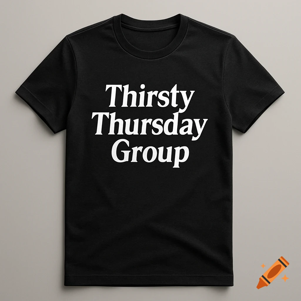 A black t-shirt with the words 'Thirsty Thursday Group' printed in white text on the front.