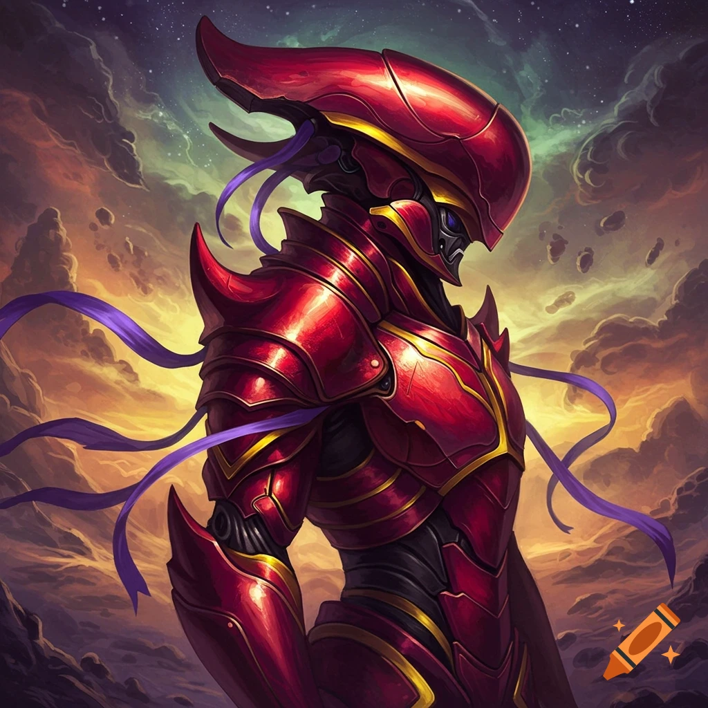 A mythical alien humanoid in crimson metallic armor with yellow and black accents and violet ribbons, set against a cosmic sky.