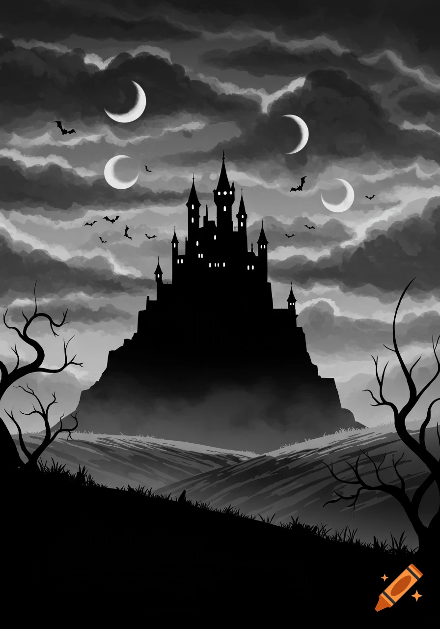 Black and white cartoon of a gothic castle on a hill under a cloudy night sky with multiple crescent moons and bats flying.