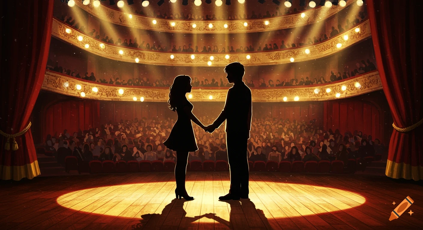 A silhouetted man and woman hold hands on a spotlighted theatre stage, facing a large audience in a grand proscenium arch theatre.