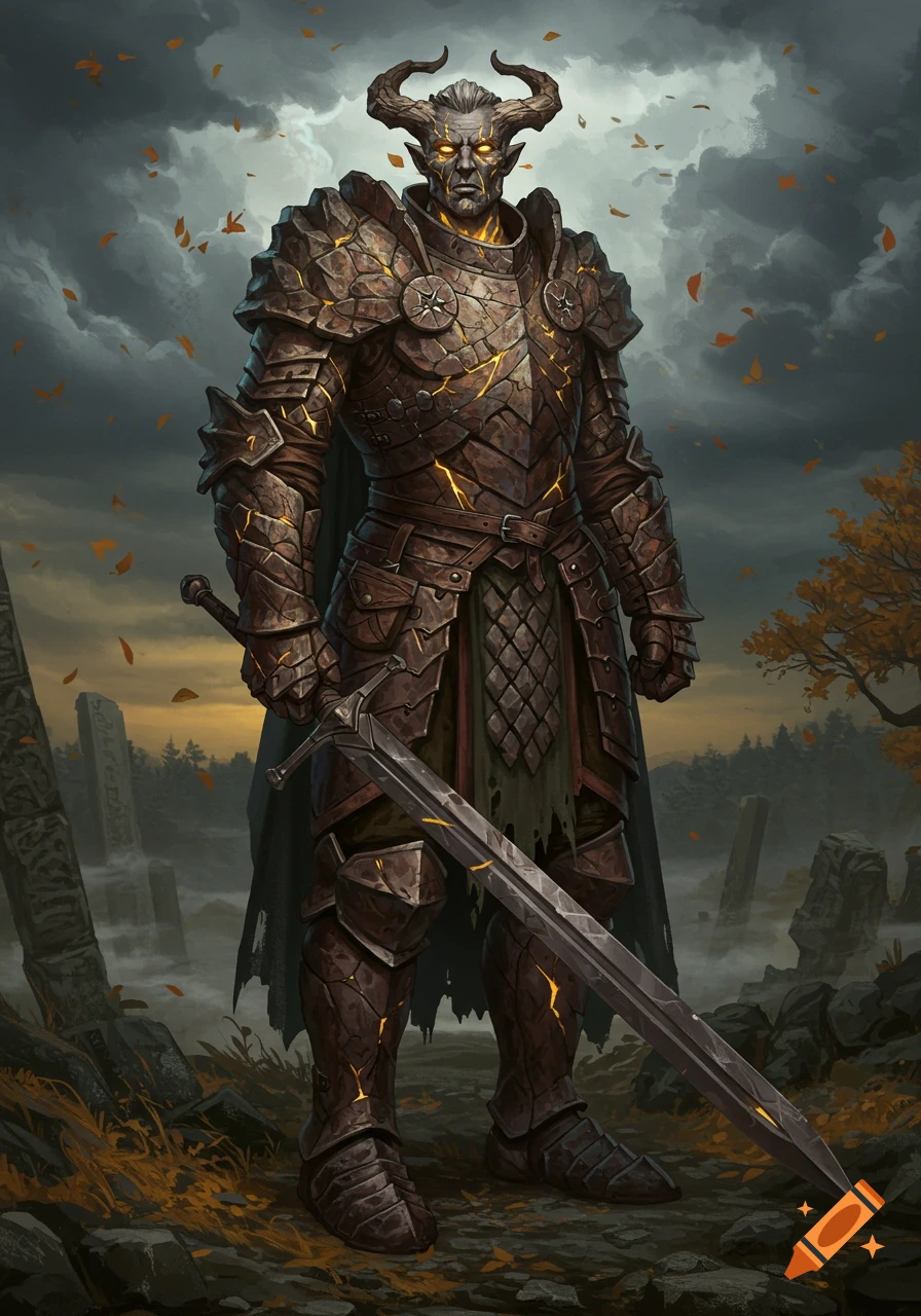 A male horned earth genasi paladin in cracked stone armor with glowing fissures, holding a large sword, stands in a misty, ruined landscape under a stormy sky with falling leaves.