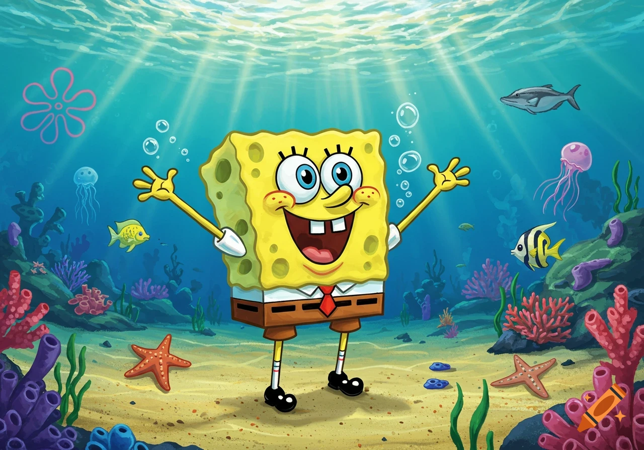 Spongebob Squarepants stands arms outstretched on the ocean floor, surrounded by colorful coral, fish, jellyfish, and starfish, with sun rays from above.