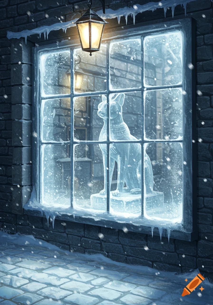 A frosty window display shows an ice sculpture of the Egyptian Gayer Anderson Cat with snow falling outside.