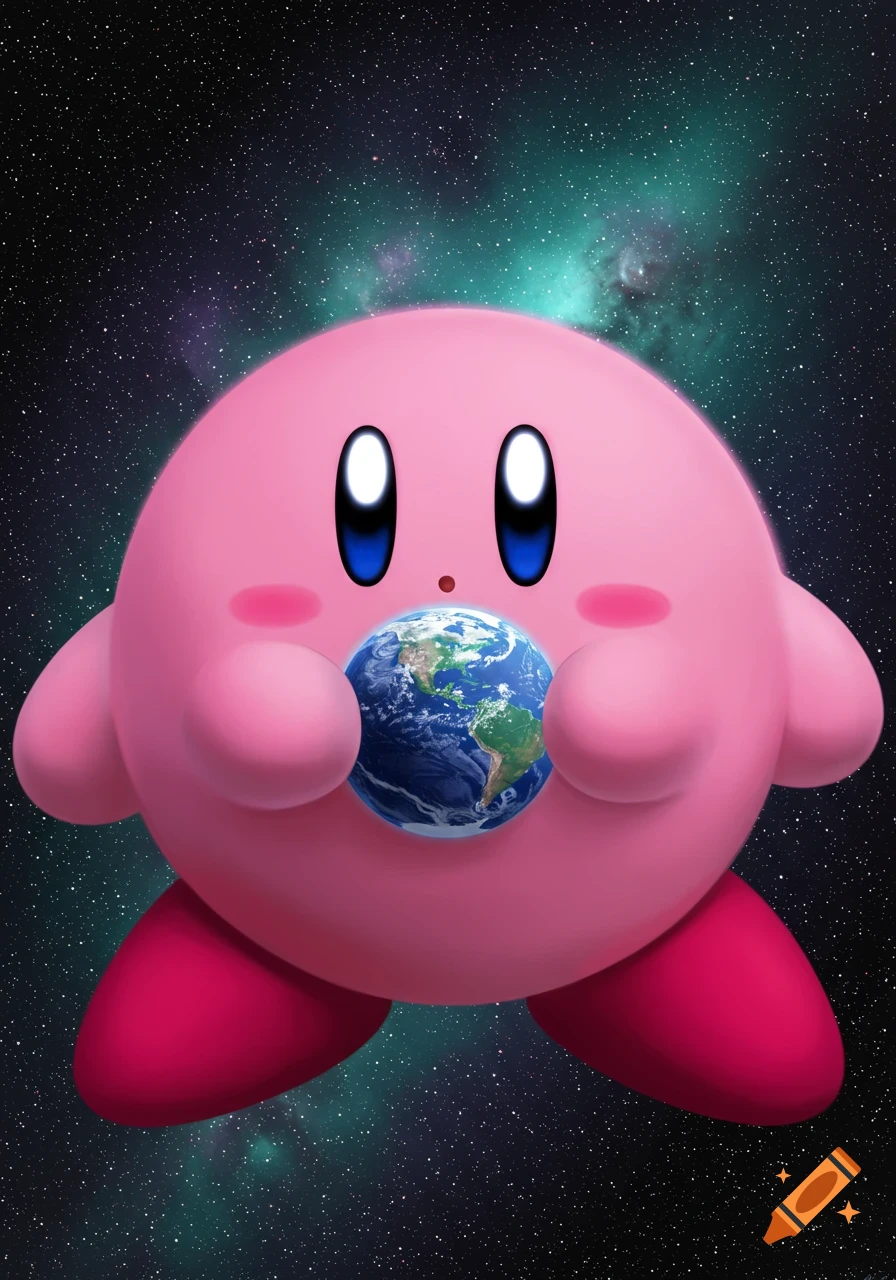Pink Kirby, the video game character, holds planet Earth in his hands while floating in a vibrant starry space.