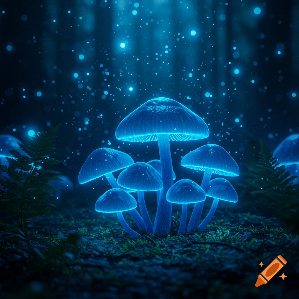 Neon blue glowing mushrooms and spores illuminate a dark forest floor, surrounded by ferns.