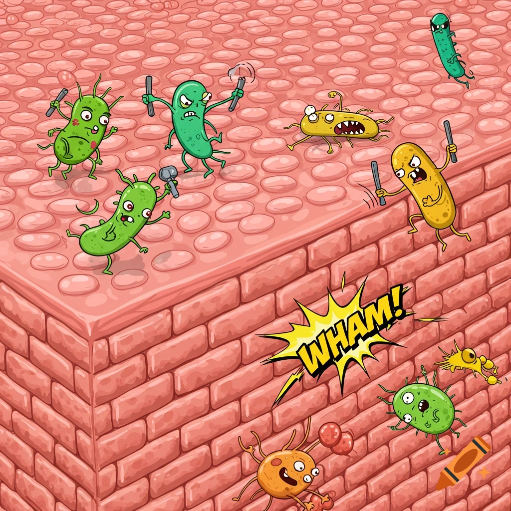 Cartoon bacteria fight on a pink, layered surface, with a 'WHAM!' sound effect in comic style.