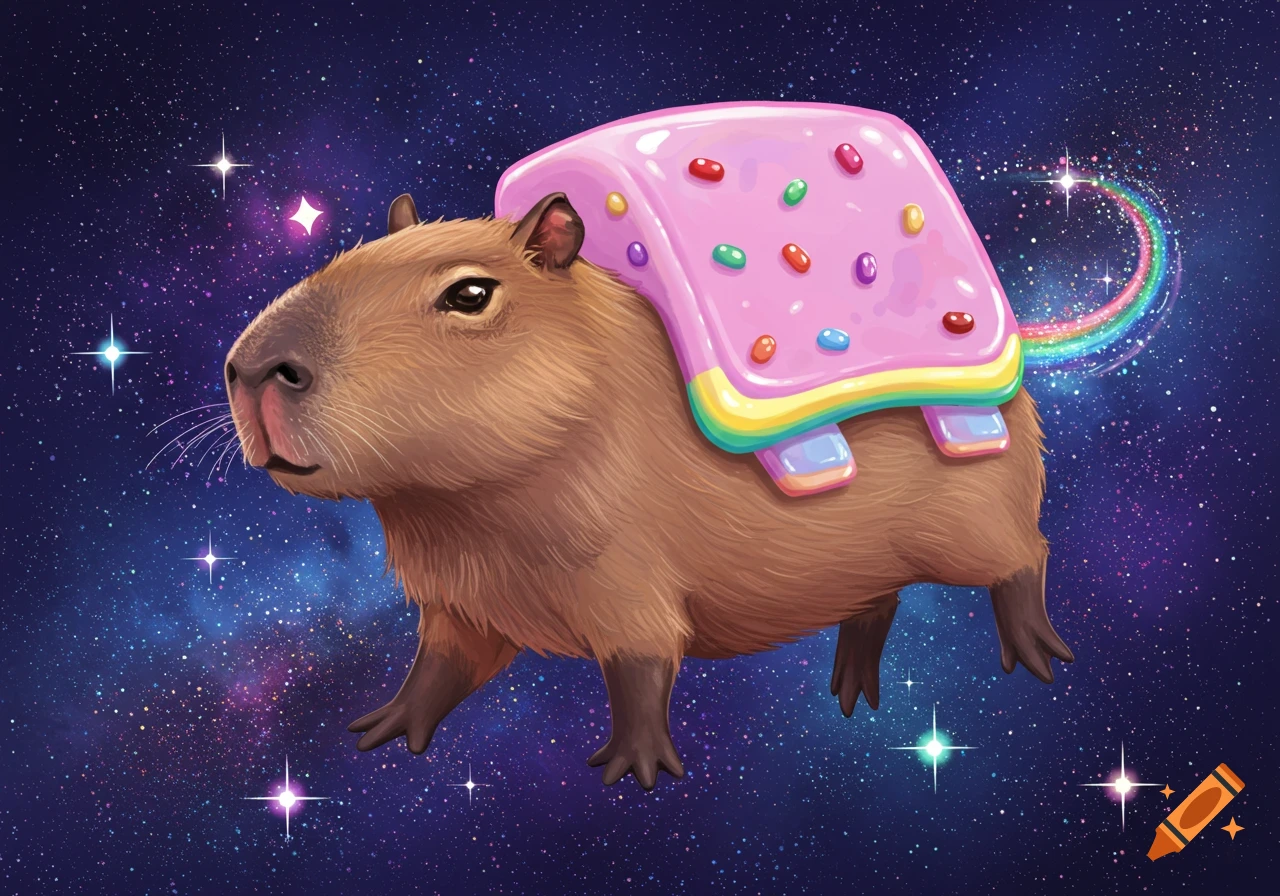 A vibrant illustration of a capybara with a pink pop-tart on its back flying through a starry space, leaving a rainbow trail.