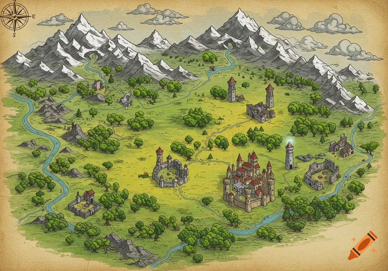 A hand-drawn fantasy map on aged parchment, depicting mountains, forests, rivers, castles, and ruins.