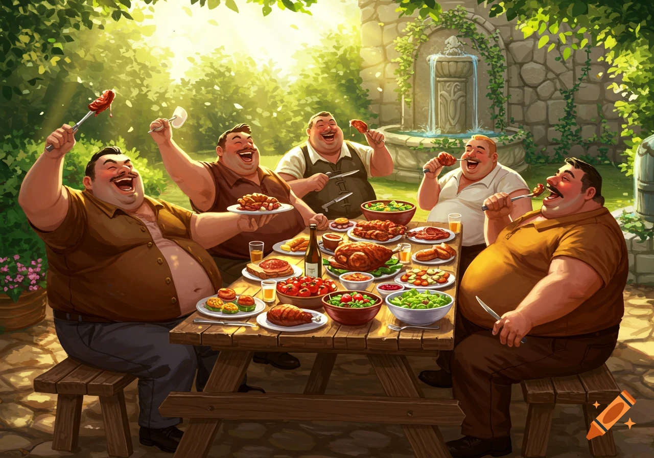 Five cheerful, large men feast at an outdoor picnic table filled with food and drinks, with a stone fountain in a sunny garden background.