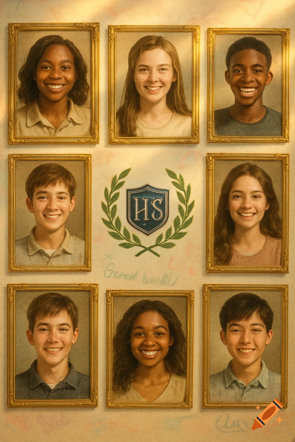 Nine portraits of smiling students in golden frames on a vintage yearbook page with 'HS' emblem.