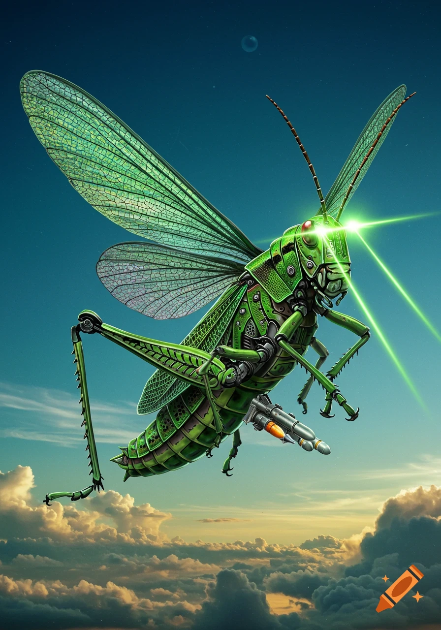 A giant, detailed green robotic grasshopper with glowing laser eyes and mechanical wings flies above clouds, carrying missiles.