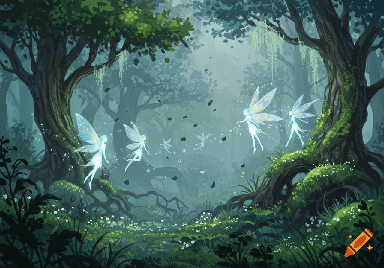 Illustration of glowing fairies flying through a lush, mystical forest.