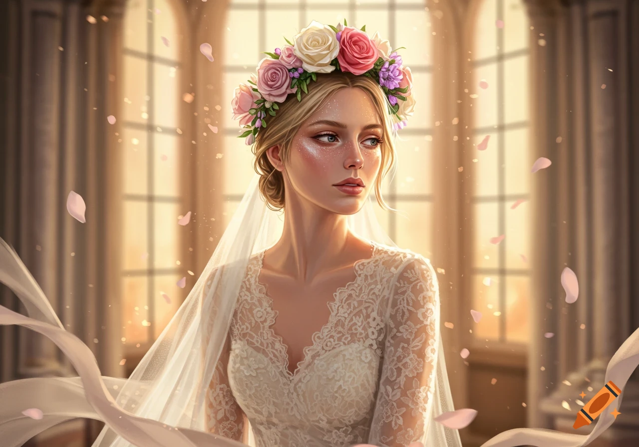 A beautiful bride in a white lace wedding dress, veil, and floral crown, standing by sunlit windows with falling rose petals.
