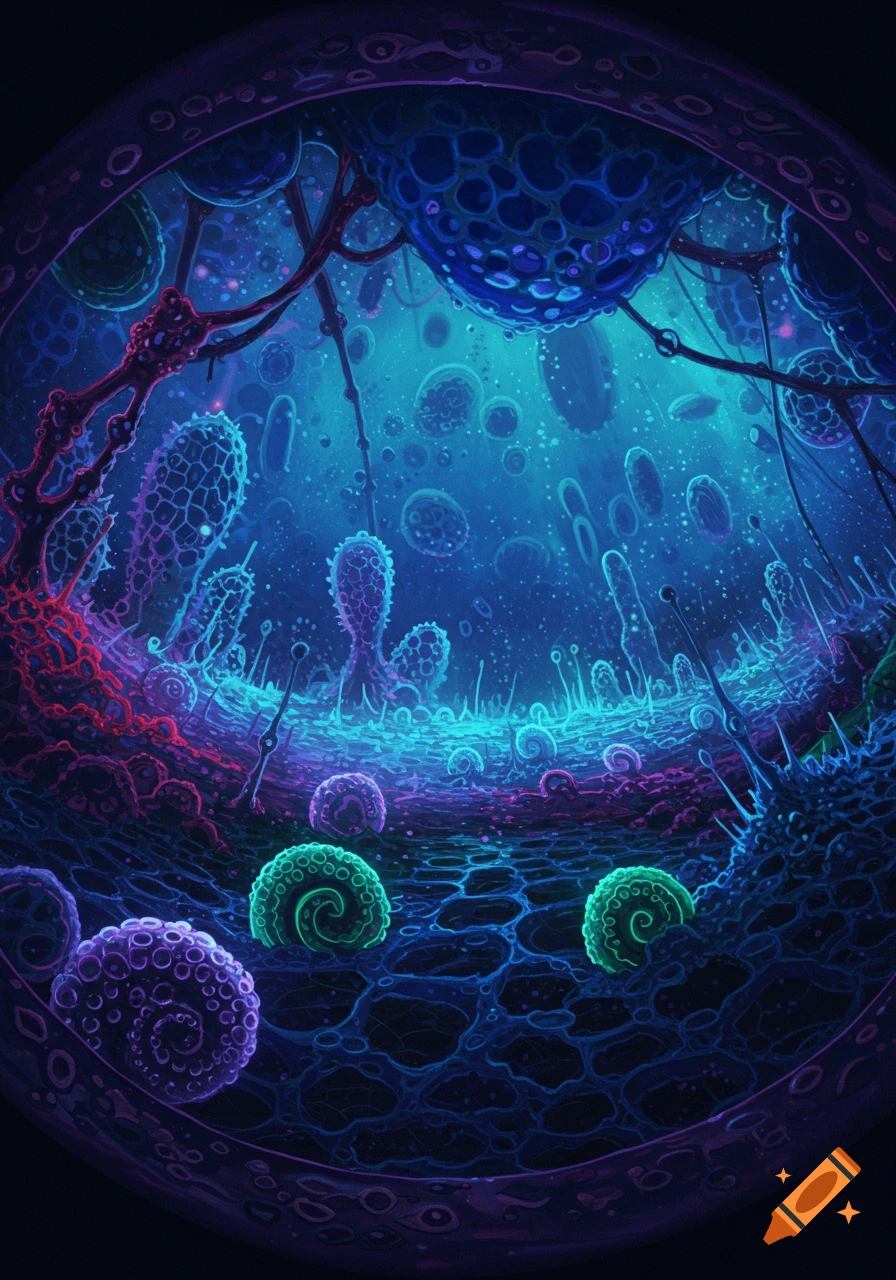 Vibrant blue and purple microscopic world with glowing organic structures and cells, viewed through a circular lens.