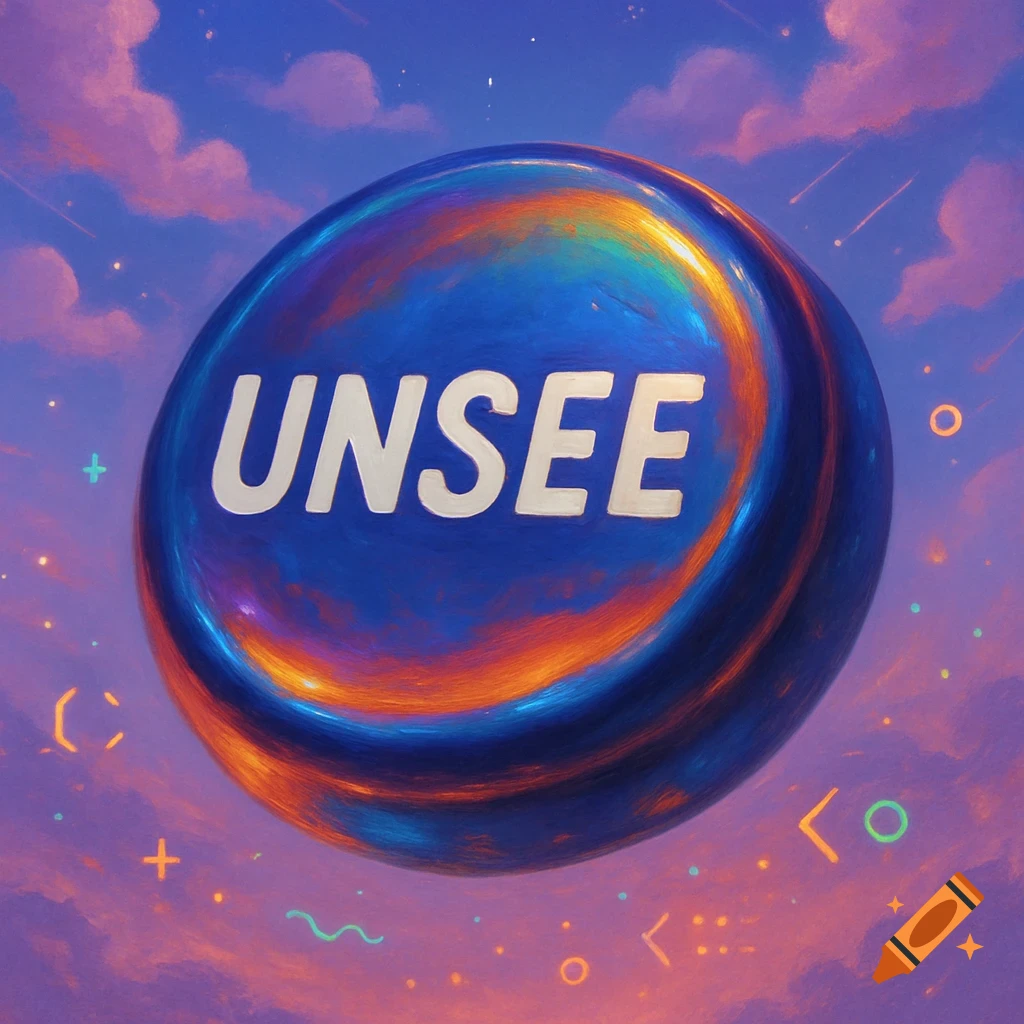 A vibrant blue and orange sphere with the word 'UNSEE' on it, floating against a purple and blue sky with abstract shapes.