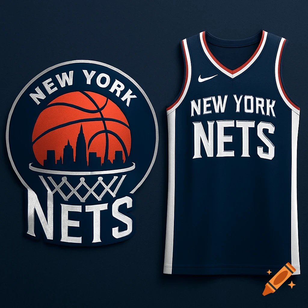 A dark blue basketball jersey and a circular logo with a basketball, skyline, and 'New York Nets' text on a dark background.