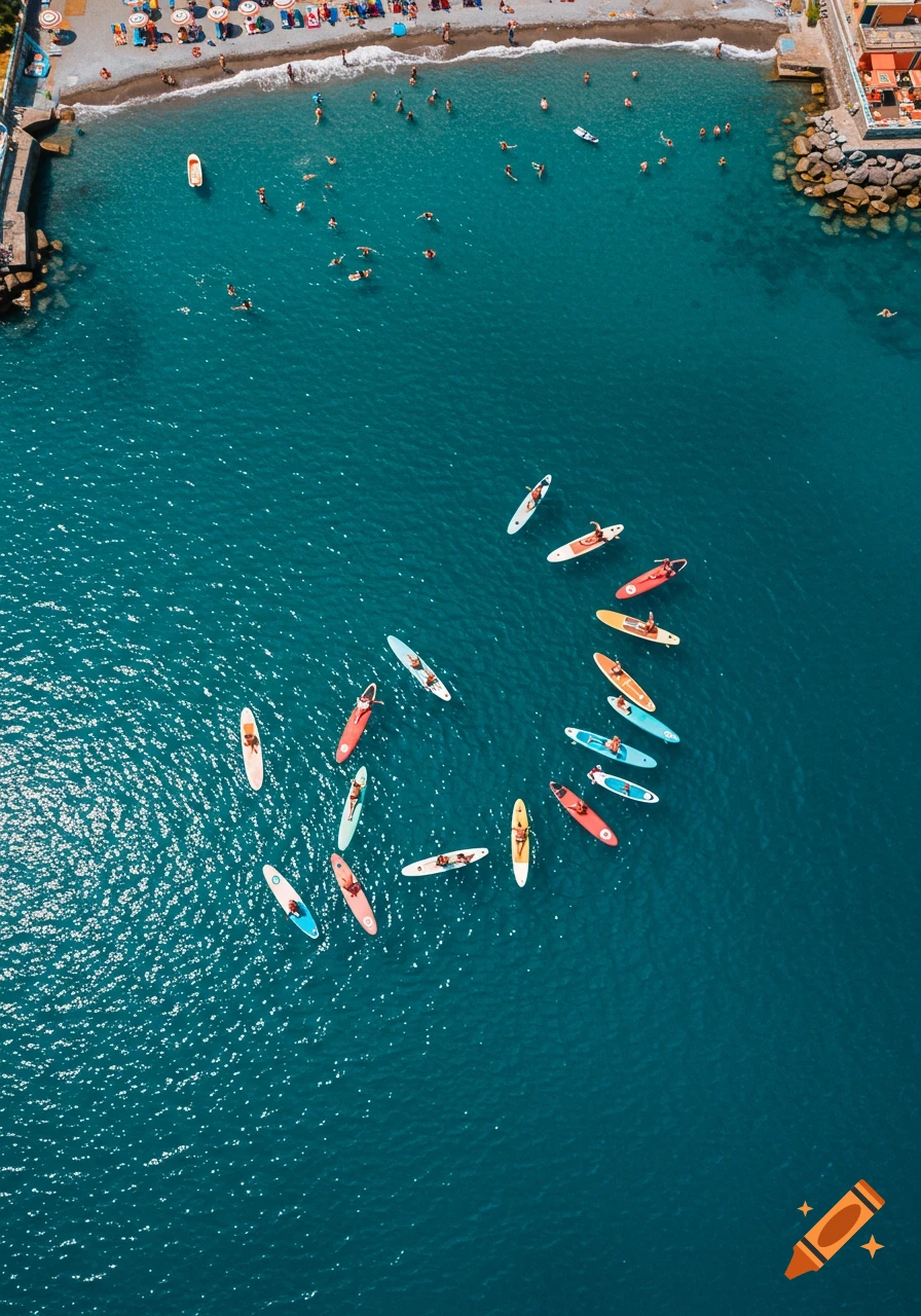 Aerial view of a vibrant blue ocean with paddleboarders and a sandy beach lined with orange and white striped umbrellas and swimmers.