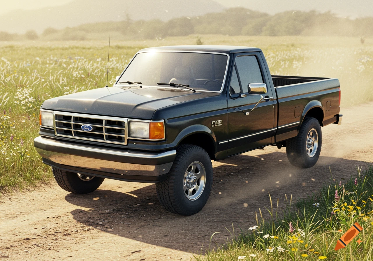 A dark green 1990s Ford F-150 pickup truck on a dusty dirt road in a sunny, grassy field, photorealistic style.
