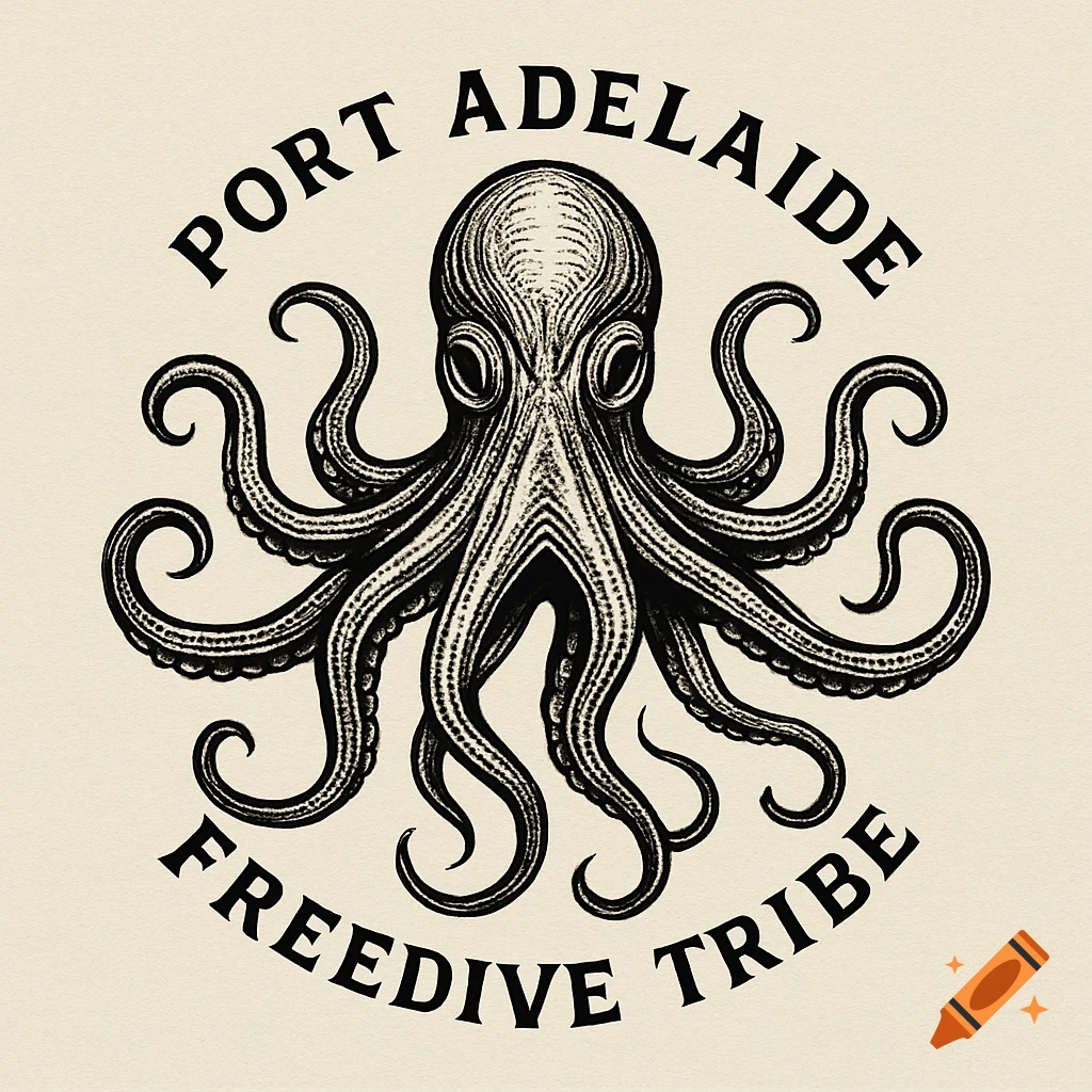 Black and white logo of a stylized octopus with the text 'PORT ADELAIDE' and 'FREEDIVE TRIBE' curved around it.