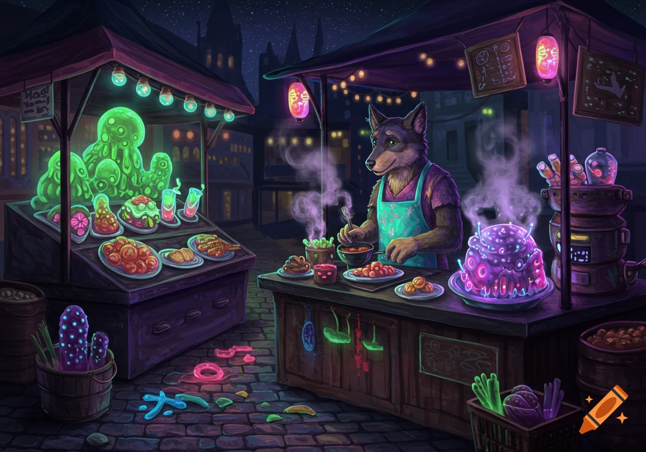 A fantasy night market scene with an anthropomorphic wolf vendor selling glowing, alien-looking food items under colorful lights.