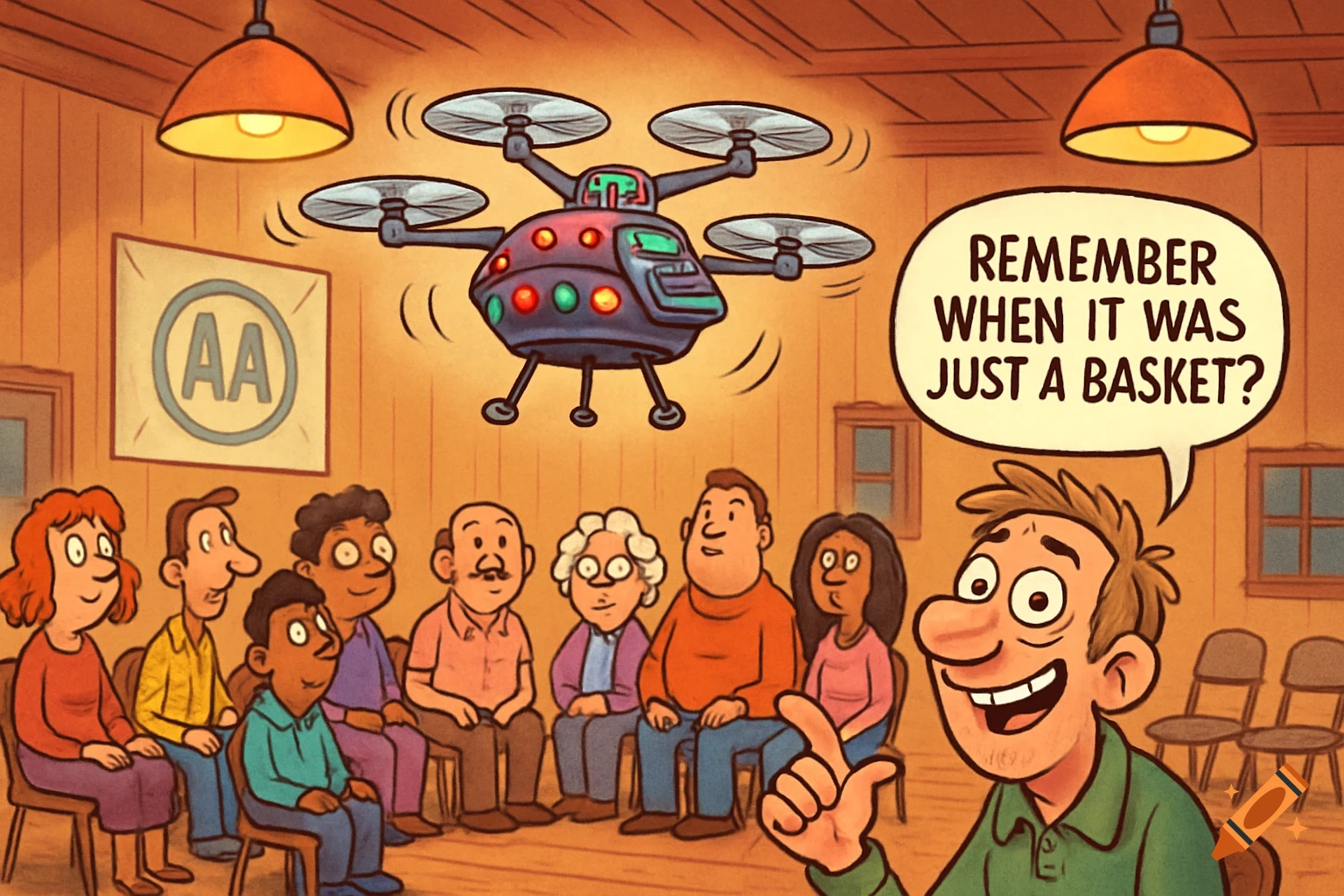 Cartoon of an AA meeting where a drone acts as a collection basket, with a man saying, 'Remember when it was just a basket?'