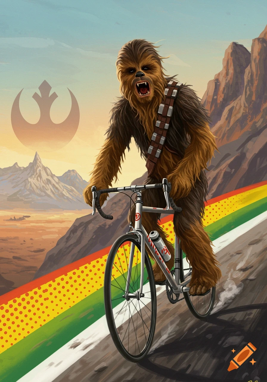 Chewbacca rides a racing bike uphill, mouth agape, with a Rebel Alliance crest and mountains in the background. Illustrated style.