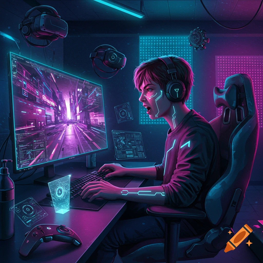 A person in headphones playing a video game in a neon-lit cyberpunk room with holographic displays and VR headsets.