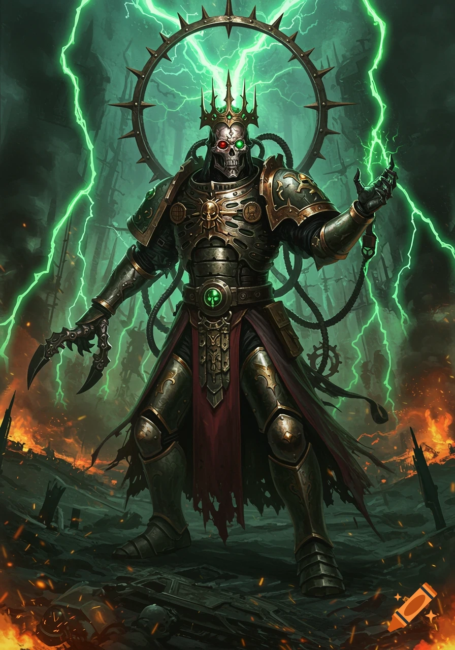 A skeletal warrior in ornate, dark green and gold futuristic armor with a spiky halo, wielding green lightning in a destroyed, fiery landscape.