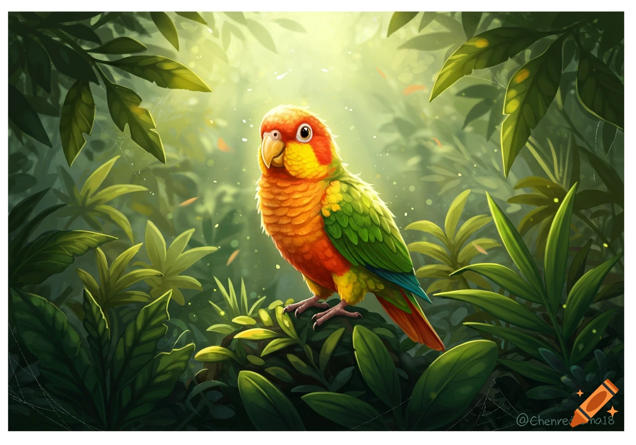 A colorful parrot with orange, yellow, and green feathers sits amidst lush green jungle foliage with sunlight beaming down.