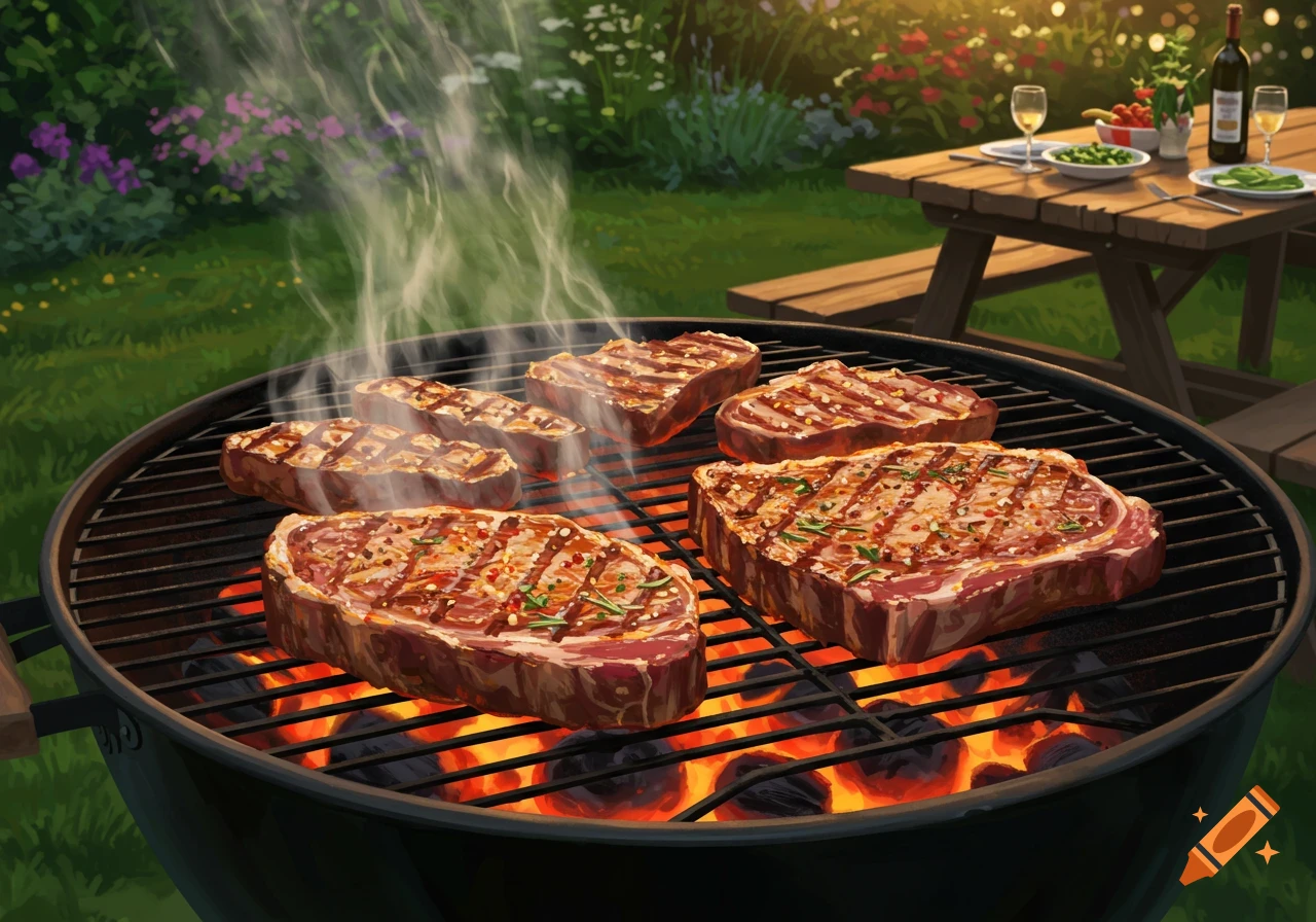 Steaks grilling on a barbecue in a lush green garden with a picnic table set in the background.